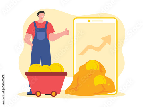Man with a basket full of coins. Graphics on the smartphone screen. Mining coins in NFT business.