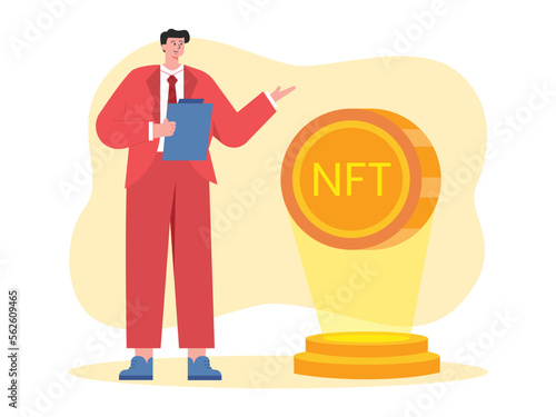 Man is presenting a coin in the NFT business, vector illustration. Character in a red suit. 