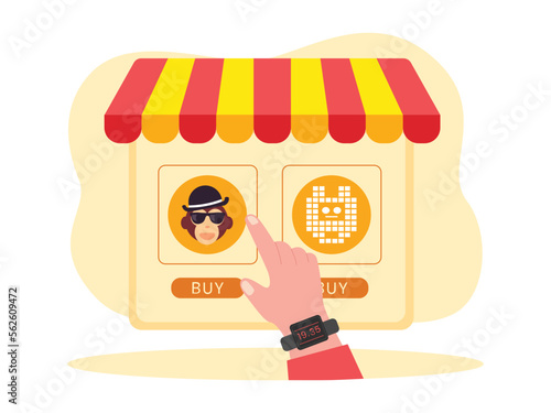 NFT shop vector illustration. Choosing unique digital paintings with non fungible token and buying by cryptocurrency.	