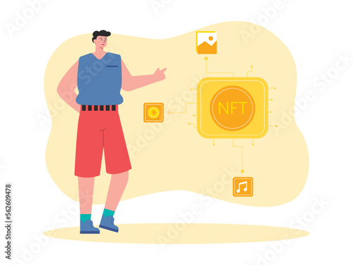 Non fungible token vector illustration. Music and pictures in NFT business. 