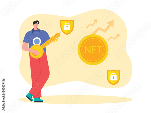 Music and NFT are the digital business of the future. Character, musical instruments, shields and coins in trendy illustrations