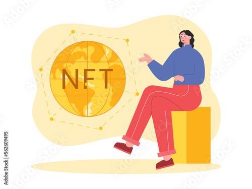 Woman checking globe of NFT. Cryptocurrency vector illustration. Young woman presenting NFT technology.	