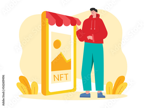 The character is investing in digital artwork with non fungible token on the virtual marketplace. Nft shop selling digital products. A crypto artist man displays the non-fungible token auction.   
