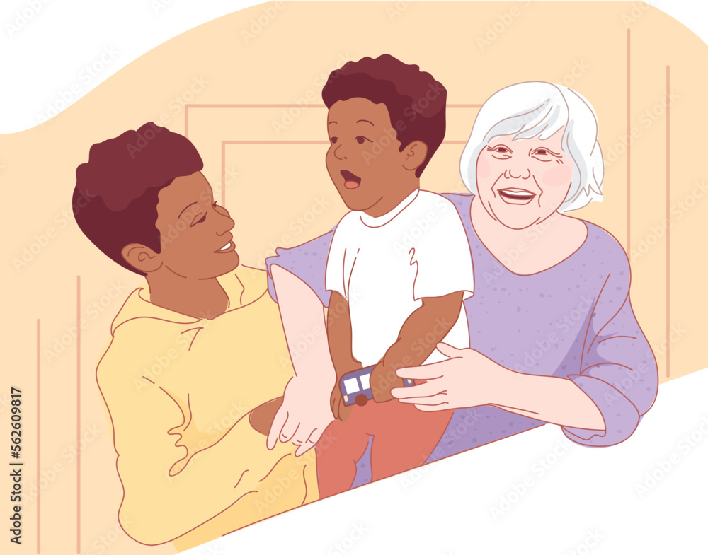 Happy international, multi-ethnic family. European grandmother and black grandchildren hug and laugh. African American loving family. Brothers, siblings, children of all ages. For posters, flyers, Happy international, multi-ethnic family. European grandmother and black grandchildren hug and laugh. African American loving family. Brothers, siblings, children of all ages. For posters, flyers,