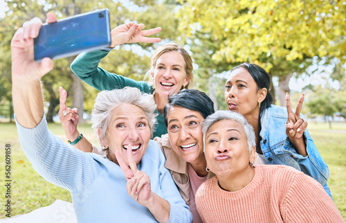 Senior people  friends and phone for selfie at the park together with smile and peace sign in the outdoors. Happy group of silly elderly women smiling for photo looking at smartphone in nature