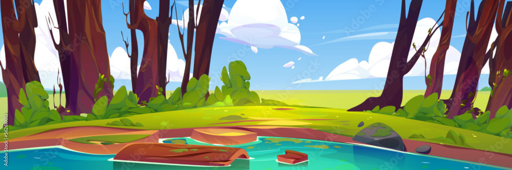 Obraz premium Nature scene with lake. Summer landscape with green trees, grass, bushes, pond and wooden log in water. Fields, river coast and clouds in sky, vector cartoon illustration