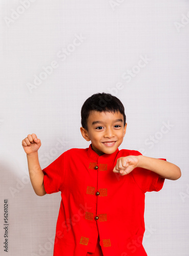 little boy fashion Smiling child in red chinese dress, style and fashion ideas for children. chinese new year