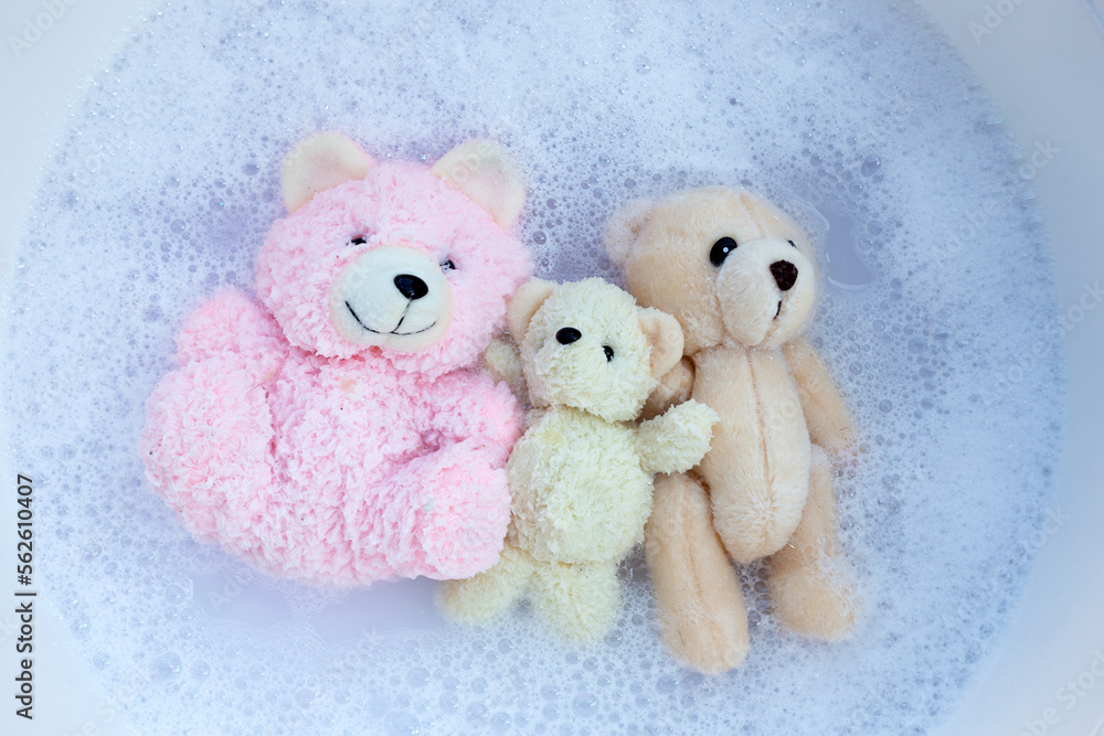Soak toy teddy bear in laundry detergent water dissolution before washing.  Laundry concept, Top view