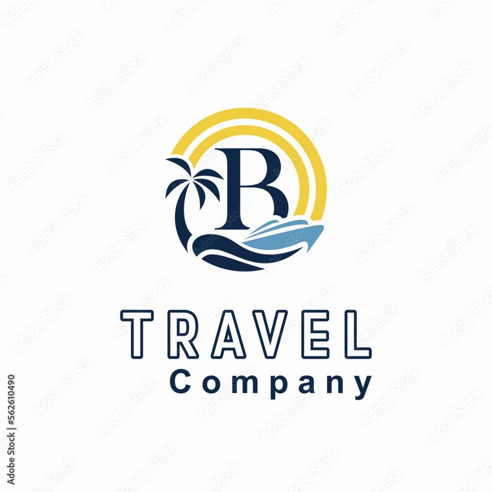 Initial B Letter With Coconut Palm Tree, Marine Ship, Sun Icon for Travel Guide Business Logo Idea Template Initial B Letter With Coconut Palm Tree, Marine Ship, Sun Icon for Travel Guide Business Logo Idea Template