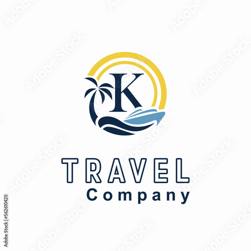 Free Download Initial K Letter With Coconut Palm Tree, Marine Ship, Sun Icon for Travel Guide Business Logo Idea Template - GFXLoad