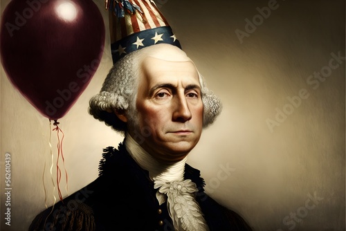 George Washington waering Birthday hat with Birthday ballon as background, generative ai photo