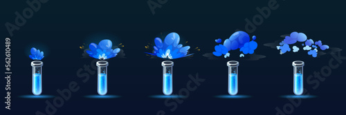 Potion bottle with puff cloud animation set isolated on background. Vector cartoon illustration of glass flasks or test tube with magic blue elixir, explosion or evaporation gas effect