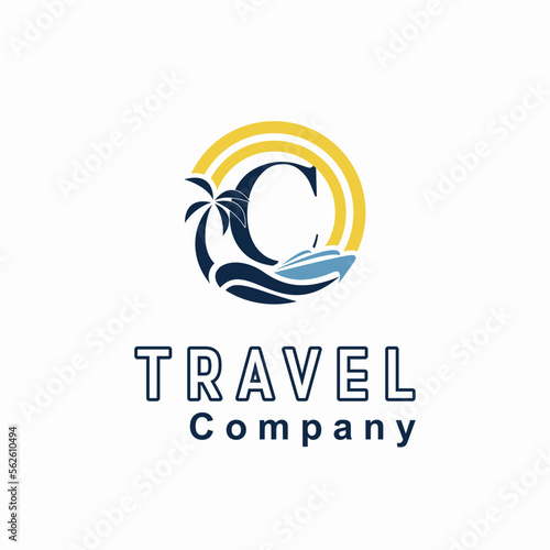Initial C Letter With Coconut Palm Tree, Marine Ship, Sun Icon for Travel Guide Business Logo Idea Template