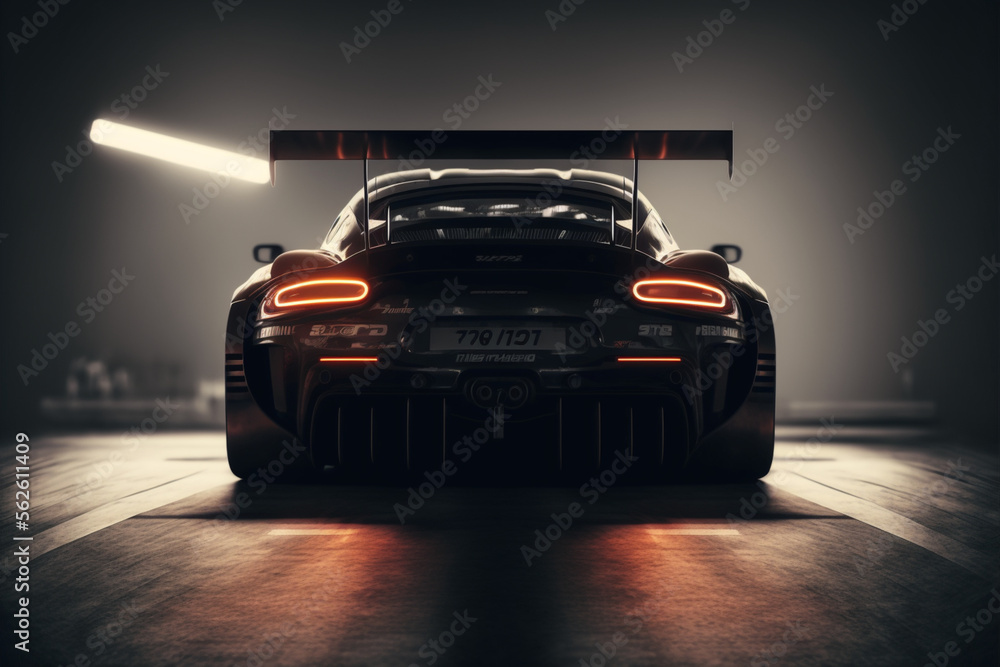 custom made wallpaper toronto digitalBack view silhouette of a modern generic sports racing car standing in a dark garage , Generative AI