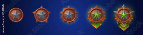 Cartoon set of game badges of different rank isolated on dark blue background. Vector illustration of green round medals with silver metal star, wooden textures. Collection of level awards