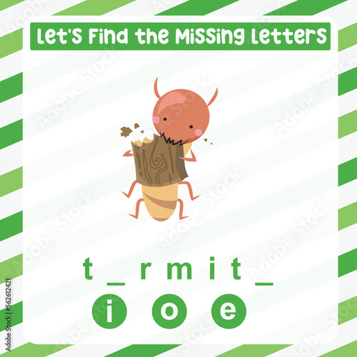 Find the missing letter cute termite worksheet for kids learning insects in English. Educational alphabetic game. Printable worksheet for preschool.  Spelling and writing practise page for children. 