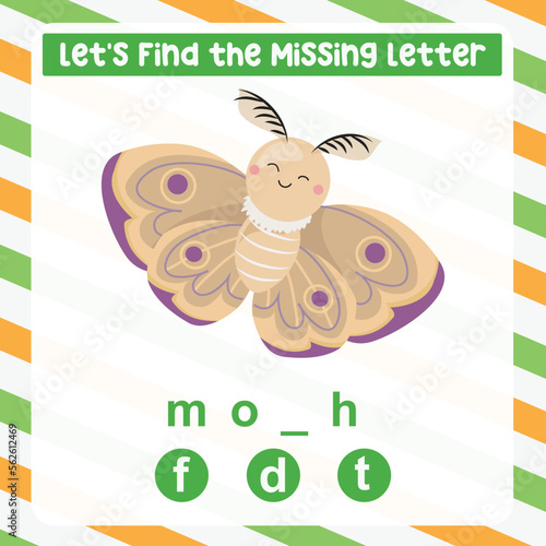 Find the missing letter cute moth worksheet for kids learning insects in English. Educational alphabetic game. Printable worksheet for preschool.  Spelling and writing practise page for children. 