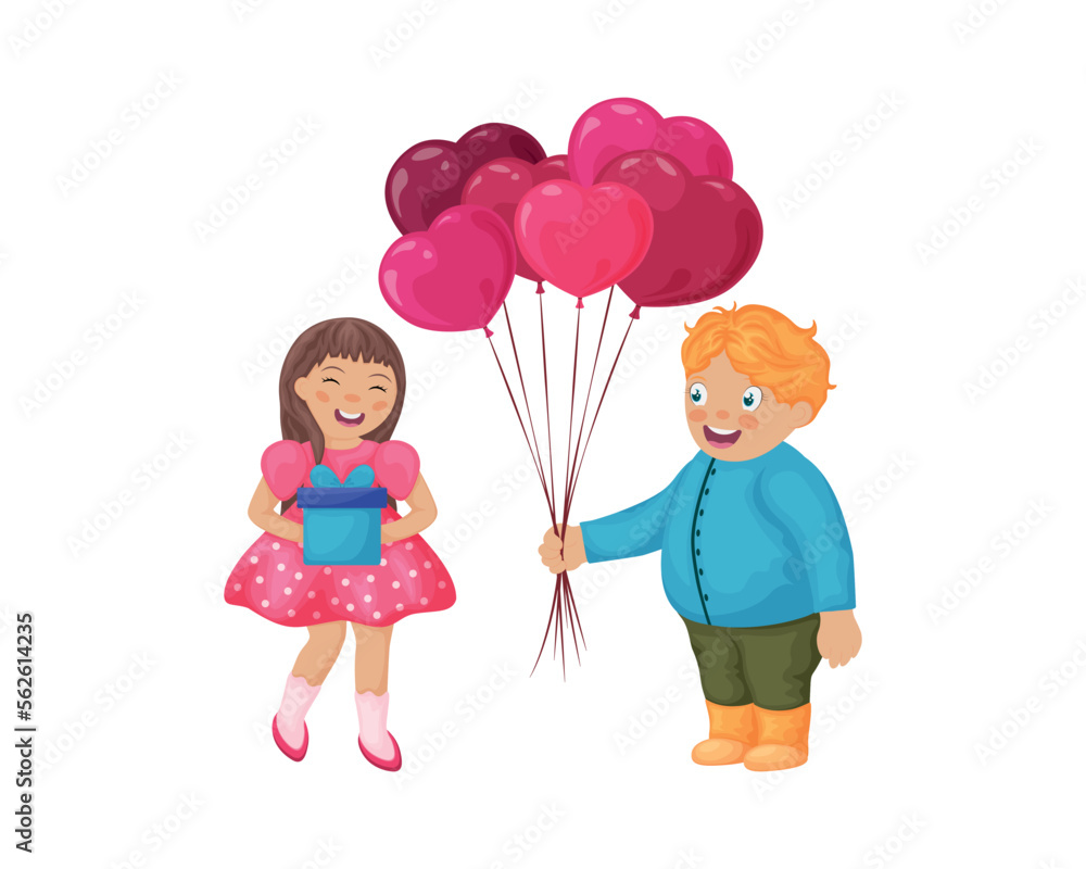 A boy with balloons in the form of hearts and a girl with gifts. Illustration for Valentine s Day. Cute cartoon-style children give each other gifts. Vector illustration A boy with balloons in the form of hearts and a girl with gifts. Illustration for Valentine s Day. Cute cartoon-style children give each other gifts. Vector illustration