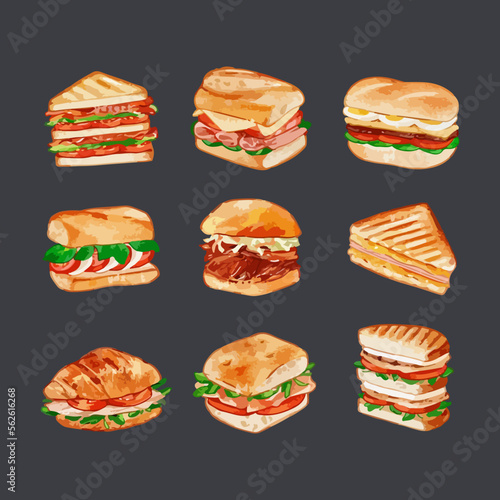 Set of delicious juicy sandwiches filled with vegetables, cheese, meat, bacon. Watercolor vector illustration
