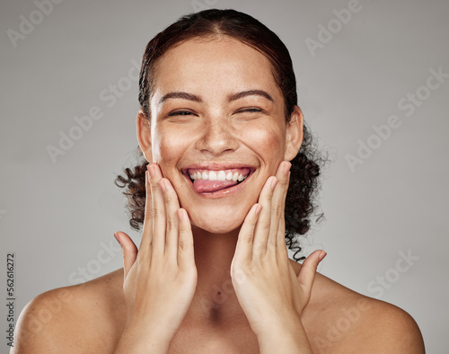 Woman, skincare and beauty portrait of a model smile from facial and spa treatment in studio. Brown background, isolated and wellness of a person face with happy skin glow from dermatology detox