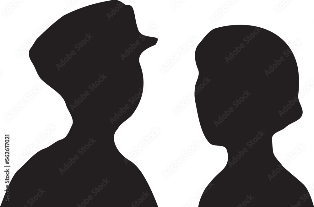 見つめ合う男性と女性の頭部、上半身のシルエット