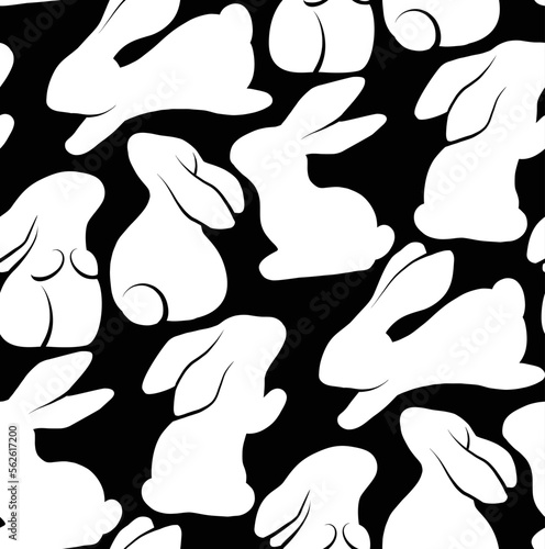 Vector monochrome seamless pattern with rabbits in various poses. Texture with tight white hares on black background. Childish backdrop with animals
