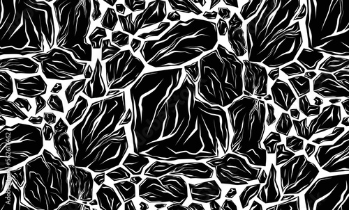 Vector monochrome seamless pattern with broken stones. Earthquake and destruction. Texture with black smashed rocks with cracks