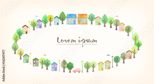 Vector illustration of a round frame with houses, trees and plants.