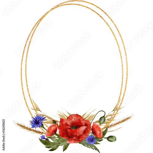 Watercolor golden ring frame round with wild flowers poppies and cornflowers on a white background. High quality illustration