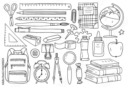 Back to school. Set of school supplies isolated on white background. Vector, hand-drawn, outline drawing with black line, doodles.