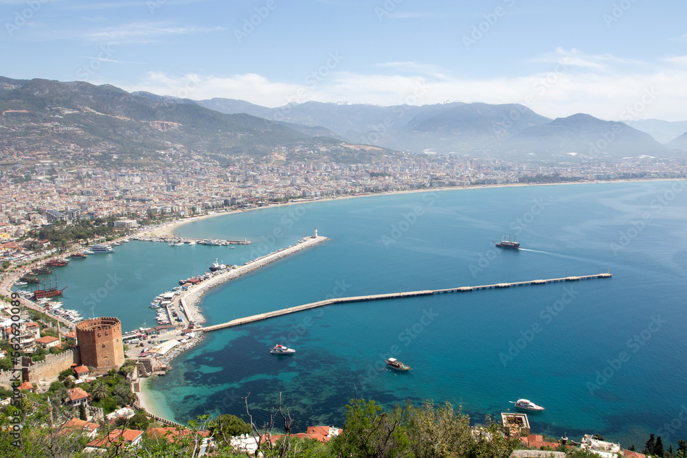 View of Alanya harbor. Red Tower and port aerial panoramic view in Alanya city