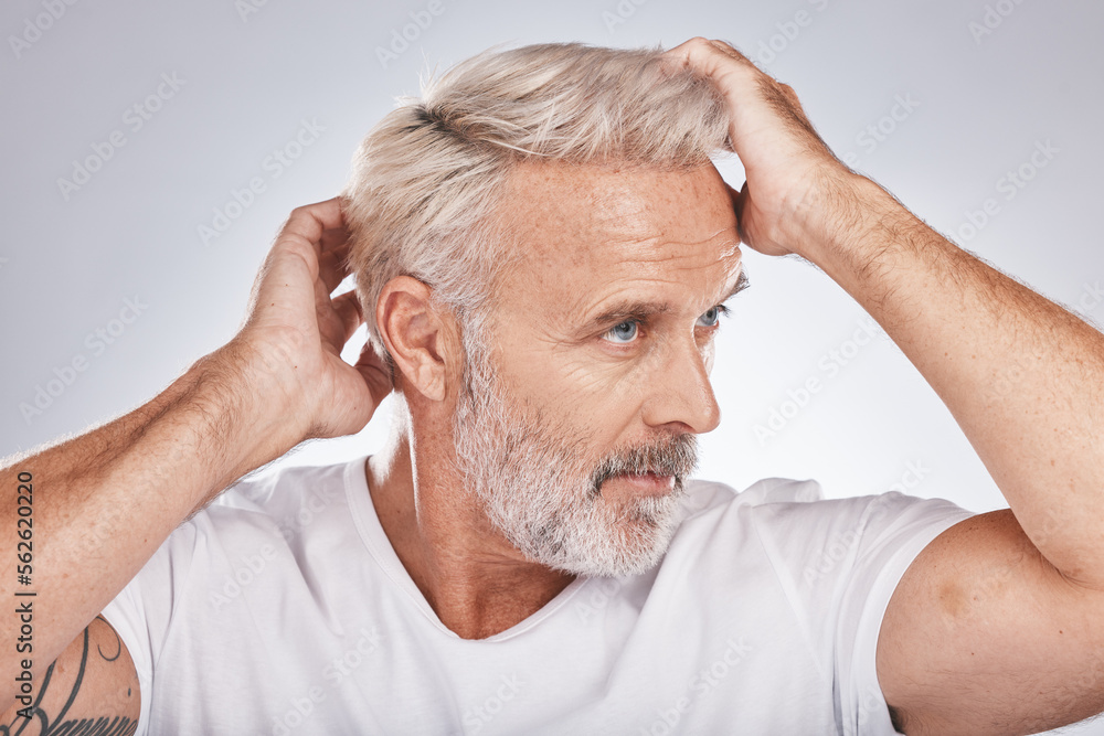 Senior man, hair care and barbershop or salon studio background for beauty, cosmetic and shampoo. Face of old person grooming to check and clean scalp for dandruff and growth with dermatology product Senior man, hair care and barbershop or salon studio background for beauty, cosmetic and shampoo. Face of old person grooming to check and clean scalp for dandruff and growth with dermatology product