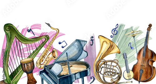 Canvas Print Board of musical instruments and brush strokes watercolor illustration isolated on white