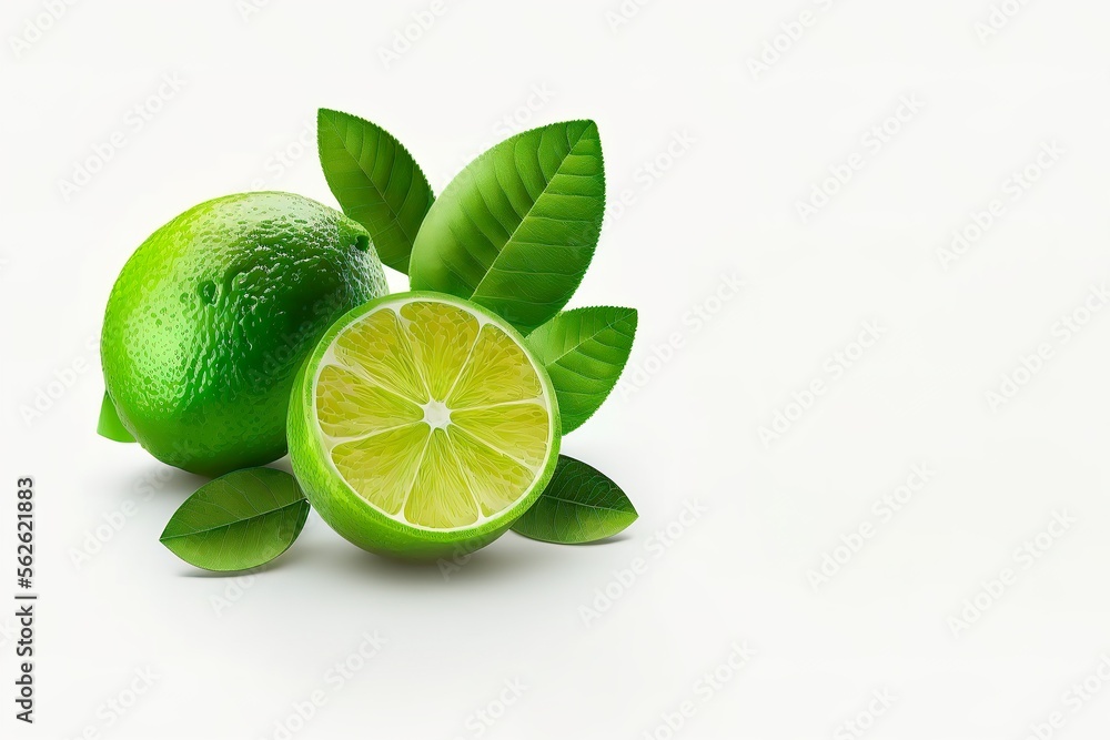 Green lime with cut in half and slices isolated on white background. Fresh fruits isolated. generative ai
