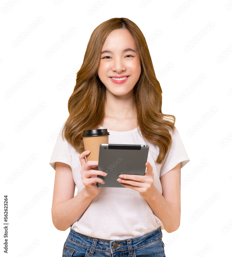 Young Asian woman holding digital tablet and coffee cup with touch on screen background, PNG transparent. Young Asian woman holding digital tablet and coffee cup with touch on screen background, PNG transparent.
