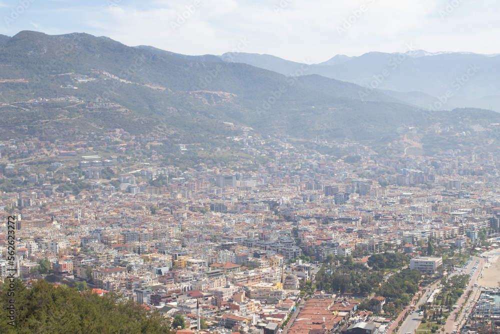 Alanya, Turkey. Beautiful panoramic top view of the city of Alanya and mountains