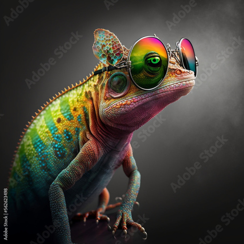 business multi-colored chameleon looks into the distance with glasses
