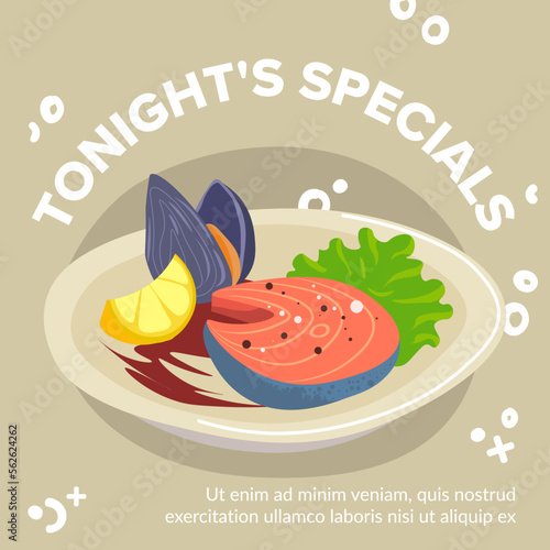 Tonight specials, mussels with salmon steak dish