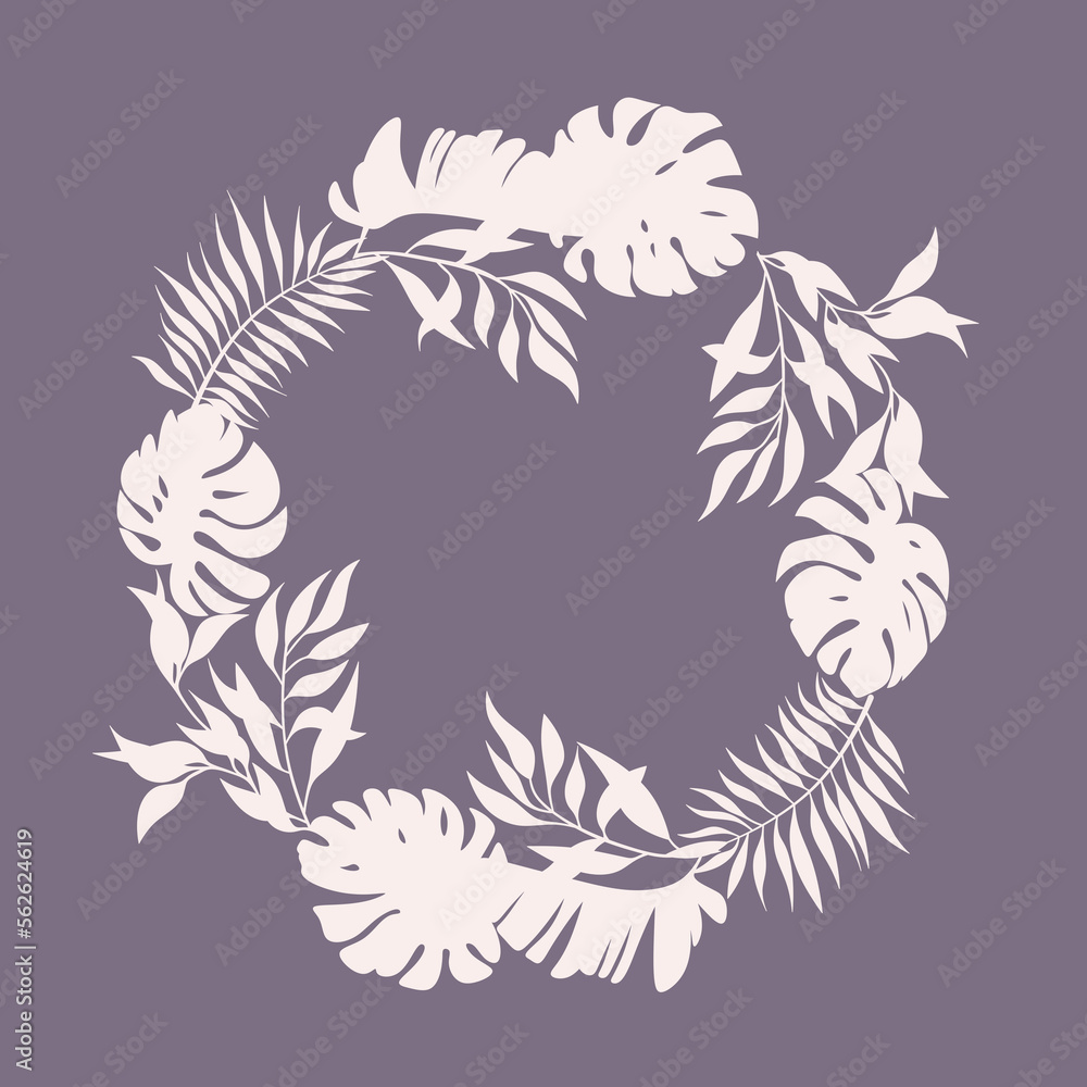 Round frame with tropical leaves on a purple background. Tropical plants silhouette.