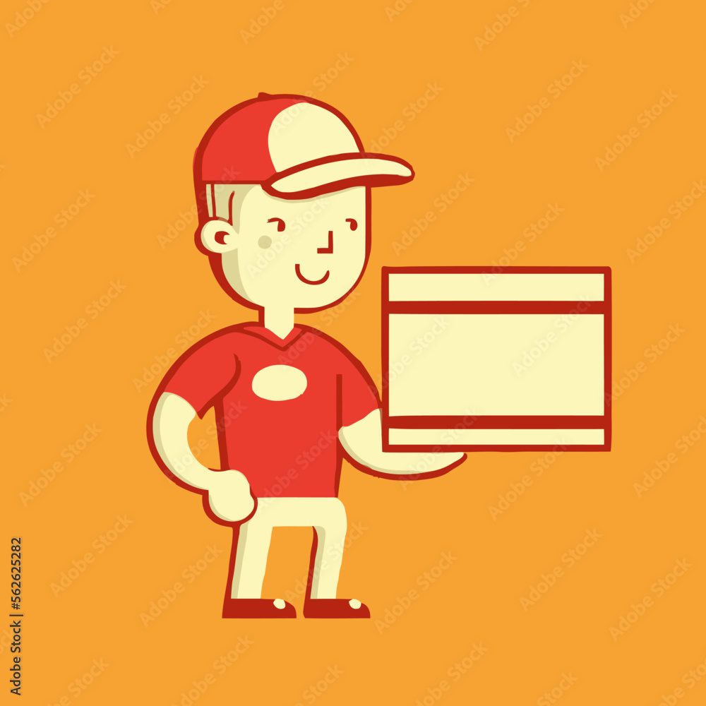 delivery man holding box package wearing uniform and cap vector illustration