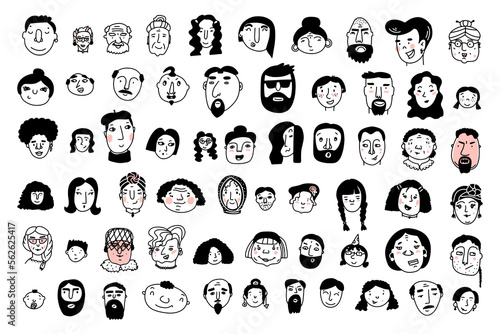 Doodle cute faces set. Hand-drawn outline people isolated on white background. Human Avatar Collection. Cartoon young, old different nationalities women, men. Childrens portrait. Vector illustration