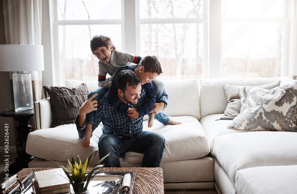 Ταπετσαρία Playful, bonding and father with children on the sofa for playing, quality time and crazy fun