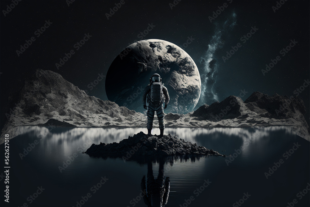 Astronaut on rock surface with space background.Moon Colonization and Space Travel Concept.