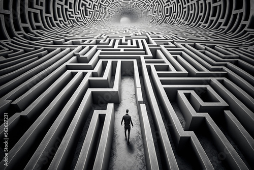 Man walking into big labyrinth. Finding solution concept. Generative ai.