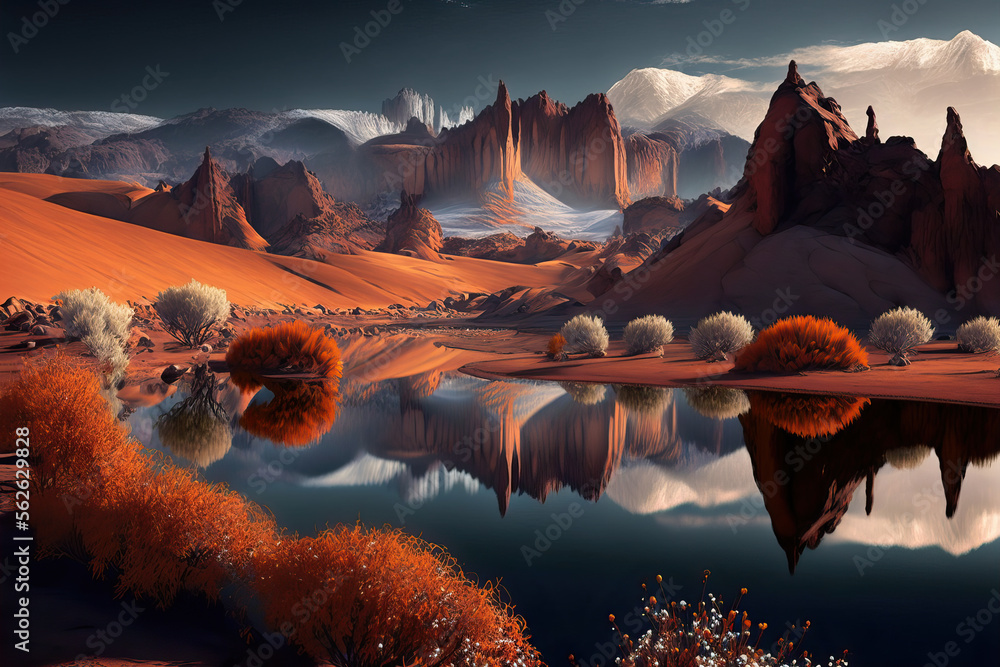 Lake in the mountains. Beautiful misty landscape. Sunset over lake. Digital artwork	

