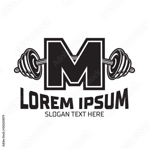 Letter M Fitness Gym logo design template, design for gym and fitness club, barbell icon
