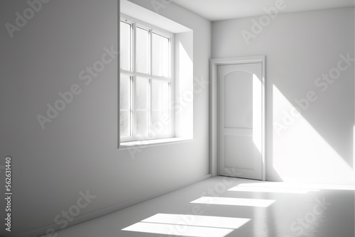 Empty white room with one window with minimalist furniture  generative ai