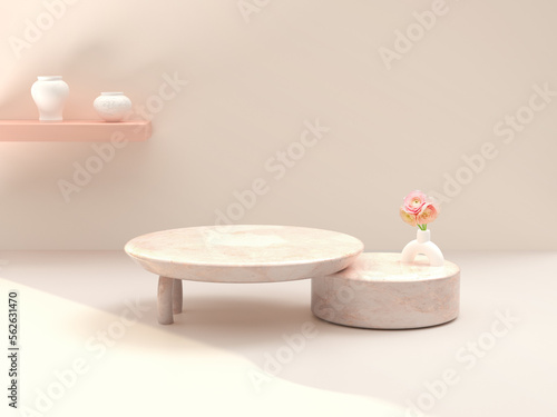 Marble showcase podiums on the soft pink background. 3D rendering. 
