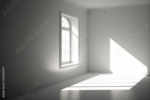 Empty white room with one window with minimalist furniture, generative ai