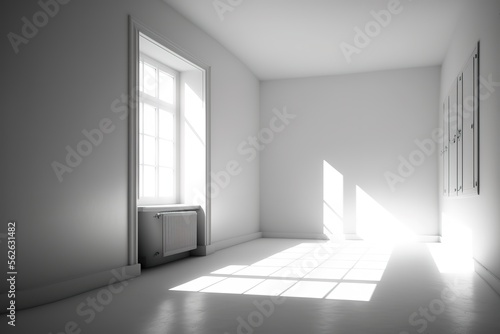 Empty white room with one window with minimalist furniture  generative ai